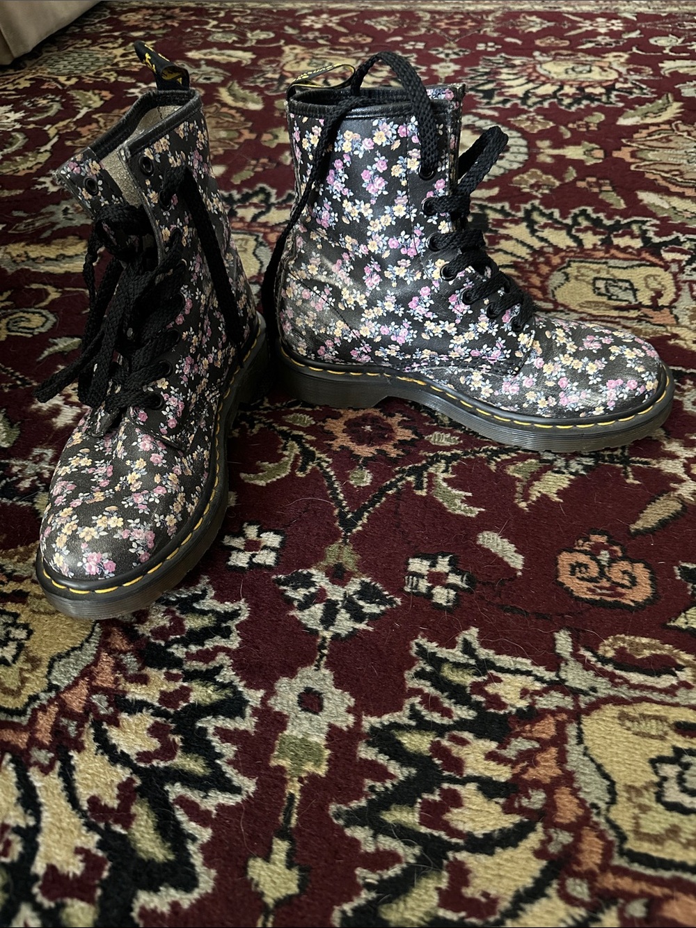 Doc Dr Martens Floral Lace-Up Combat Boots - Black/Pink 38 7
